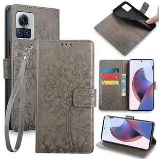 For Motorola Edge X30 Pro 5G Tree & Deer Embossed Leather Phone Case(Grey)