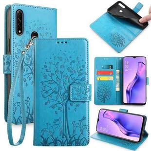 For OPPO A8 / A31 2020 Tree & Deer Embossed Leather Phone Case(Blue)