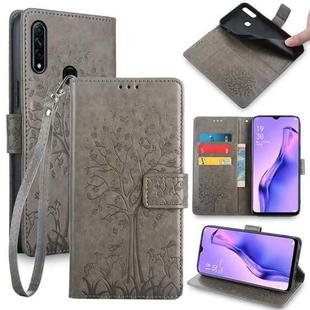 For OPPO A8 / A31 2020 Tree & Deer Embossed Leather Phone Case(Grey)
