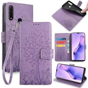 For OPPO A8 / A31 2020 Tree & Deer Embossed Leather Phone Case(Purple)