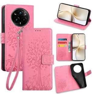For Realme 14 Pro 5G Global Tree & Deer Embossed Leather Phone Case(Pink)