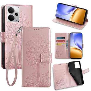 For Realme 14 5G Global Tree & Deer Embossed Leather Phone Case(Rose Gold)