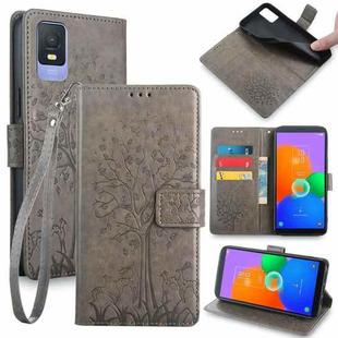 For TCL 403 Tree & Deer Embossed Leather Phone Case(Grey)