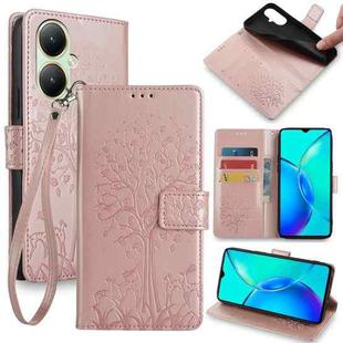 For vivo Y35M+ 5G / Y35+ 5G Tree & Deer Embossed Leather Phone Case(Rose Gold)