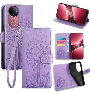 For vivo V50 5G Tree & Deer Embossed Leather Phone Case(Purple)