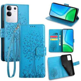 For vivo Y29 4G Global Tree & Deer Embossed Leather Phone Case(Blue)