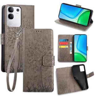 For vivo Y29 4G Global Tree & Deer Embossed Leather Phone Case(Grey)