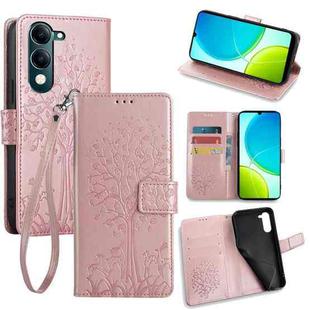 For vivo Y29s 5G / Y04 4G Tree & Deer Embossed Leather Phone Case(Rose Gold)
