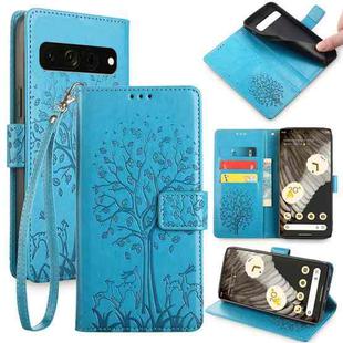 For Google Pixel 7 Pro Tree & Deer Embossed Leather Phone Case(Blue)