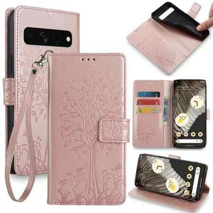 For Google Pixel 7 Pro Tree & Deer Embossed Leather Phone Case(Rose Gold)