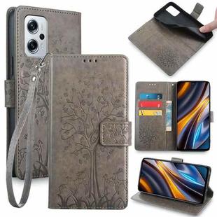 For Xiaomi  Redmi Note 11T Pro+ 5G Tree & Deer Embossed Leather Phone Case(Grey)