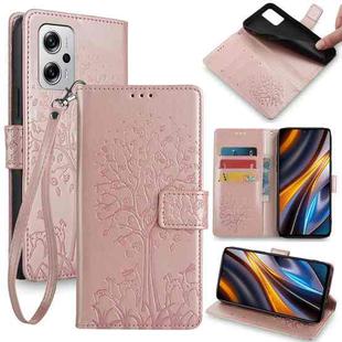 For Xiaomi  Redmi Note 11T Pro+ 5G Tree & Deer Embossed Leather Phone Case(Rose Gold)