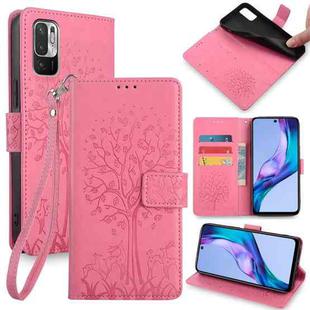 For Xiaomi  Redmi Note 10 Japan Tree & Deer Embossed Leather Phone Case(Pink)