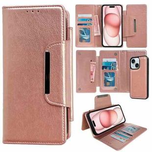 For iPhone 15 Plus Multifunctional Seven Cards Wallet Leather Phone Case(Rose Gold)