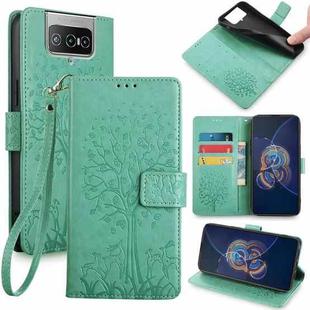 For Asus Zenfone 8 Flip Tree & Deer Embossed Leather Phone Case(Green)