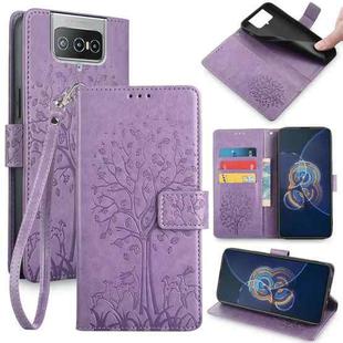 For Asus Zenfone 8 Flip Tree & Deer Embossed Leather Phone Case(Purple)