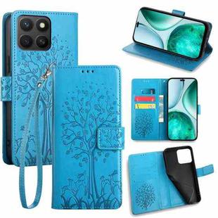 For Honor X8c 4G Tree & Deer Embossed Leather Phone Case(Blue)