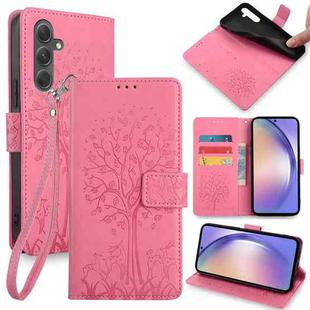For Samsung Galaxy A54 5G Tree & Deer Embossed Leather Phone Case(Pink)