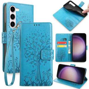 For Samsung Galaxy S23 5G Tree & Deer Embossed Leather Phone Case(Blue)