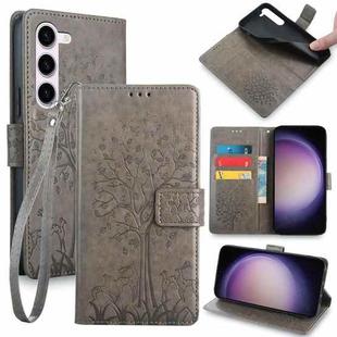 For Samsung Galaxy S23 5G Tree & Deer Embossed Leather Phone Case(Grey)