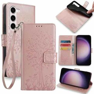 For Samsung Galaxy S23 5G Tree & Deer Embossed Leather Phone Case(Rose Gold)