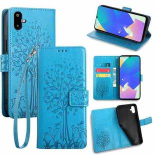For Samsung Galaxy F06 5G Tree & Deer Embossed Leather Phone Case(Blue)