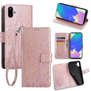 For Samsung Galaxy F06 5G Tree & Deer Embossed Leather Phone Case(Rose Gold)