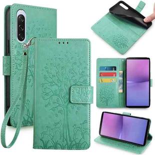For Sony Xperia 10 V Tree & Deer Embossed Leather Phone Case(Green)