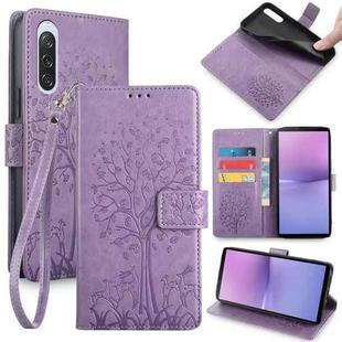 For Sony Xperia 10 V Tree & Deer Embossed Leather Phone Case(Purple)