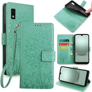For Sharp Aqous Wish 3 Tree & Deer Embossed Leather Phone Case(Green)