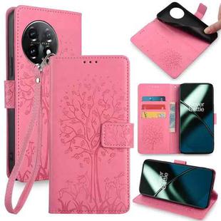 For OnePlus 11 Tree & Deer Embossed Leather Phone Case(Pink)