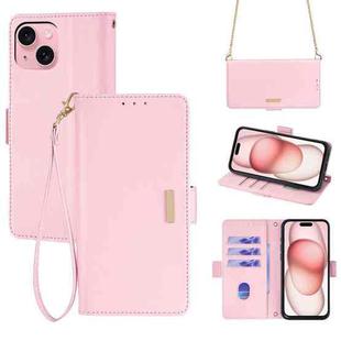 For iPhone 15 Crossbody Chain Leather Phone Case(Pink)