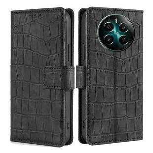 For Realme 12+ 5G Skin Feel Crocodile Magnetic Clasp Leather Phone Case(Black)
