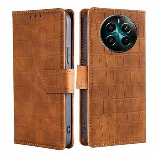 For Realme 12+ 5G Skin Feel Crocodile Magnetic Clasp Leather Phone Case(Brown)