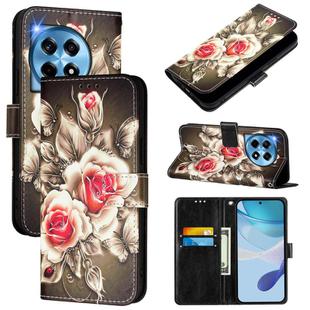 For OnePlus 12R 5G Global Colored Drawing Pattern Plain Weave Leather Phone Case(Roses On Black)