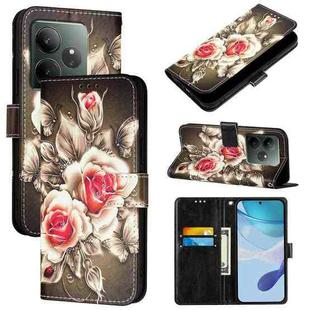 For Realme GT 6T 5G Global Colored Drawing Pattern Plain Weave Leather Phone Case(Roses On Black)