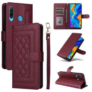 For Huawei P30 Lite Diamond Lattice Leather Flip Phone Case(Wine Red)