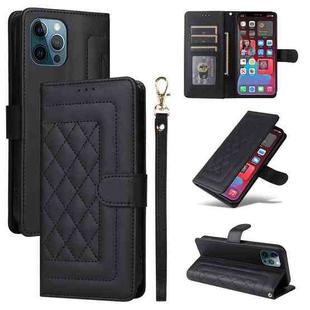 For iPhone 12 Pro Max Diamond Lattice Leather Flip Phone Case(Black)