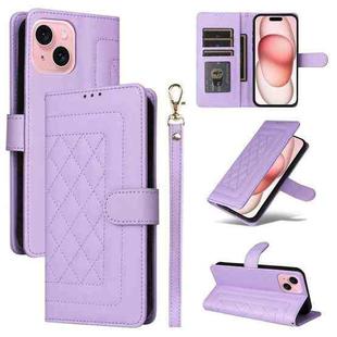 For iPhone 15 Diamond Lattice Leather Flip Phone Case(Light Purple)