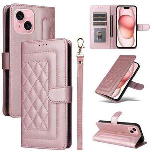 For iPhone 15 Diamond Lattice Leather Flip Phone Case(Rose Gold)