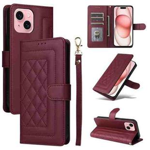 For iPhone 15 Diamond Lattice Leather Flip Phone Case(Wine Red)