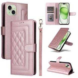 For iPhone 15 Plus Diamond Lattice Leather Flip Phone Case(Rose Gold)