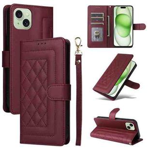 For iPhone 15 Plus Diamond Lattice Leather Flip Phone Case(Wine Red)