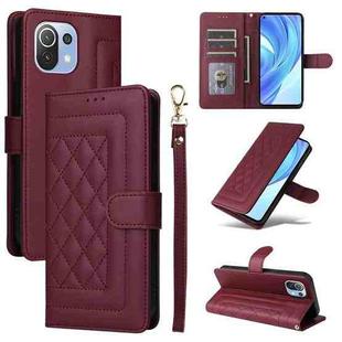 For Xiaomi Mi 11 Lite Diamond Lattice Leather Flip Phone Case(Wine Red)