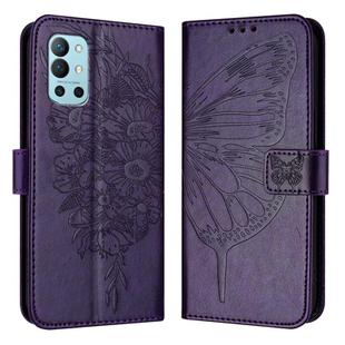 For OnePlus 9R / 8T Embossed Butterfly Leather Phone Case(Dark Purple)