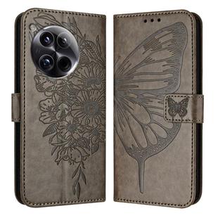 For OnePlus 12 5G Global Embossed Butterfly Leather Phone Case(Grey)