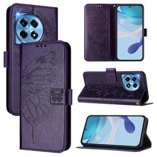 For OnePlus 12R 5G Global Embossed Butterfly Leather Phone Case(Dark Purple)