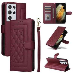 For Samsung Galaxy S21 Ultra 5G Diamond Lattice Leather Flip Phone Case(Wine Red)