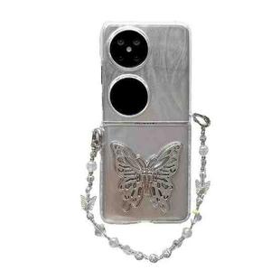 For Huawei P50 Feather Butterfly Pattern PC Side Buckle Full Coverage Shockproof Phone Case with Bracelet(3D Butterfly)