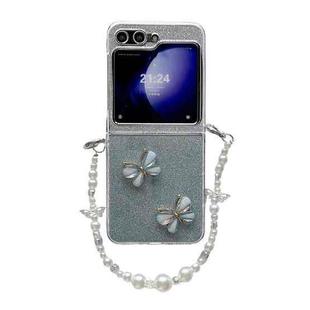 For Samsung Galaxy Z Flip5 5G Glitter Powder 3D Butterfly PC Side Buckle Full Coverage Shockproof Phone Case with Pearl Bracelet(Blue)